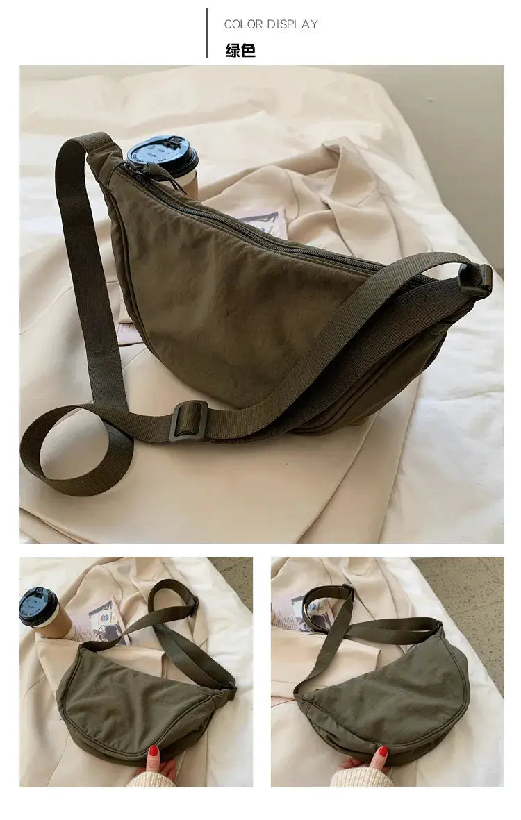 Casual olive green nylon hobo crossbody bag for women with adjustable strap and zippered top; large-capacity tote