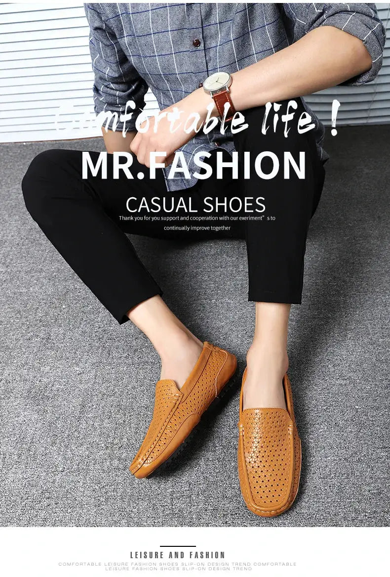 Simples Market men's tan perforated leather loafers, casual slip-on driving moccasins.