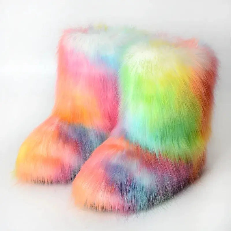 Women's Winter Snow Boots With Plush Faux Fox Fur Mid Calf Warm Platform Shoes For Cold Weather Outdoor