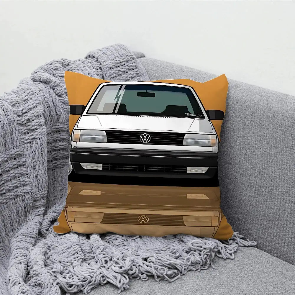 G-Golf G-GTI car pillow case by Simples Market; soft cushion cover featuring a VW car design on an orange background