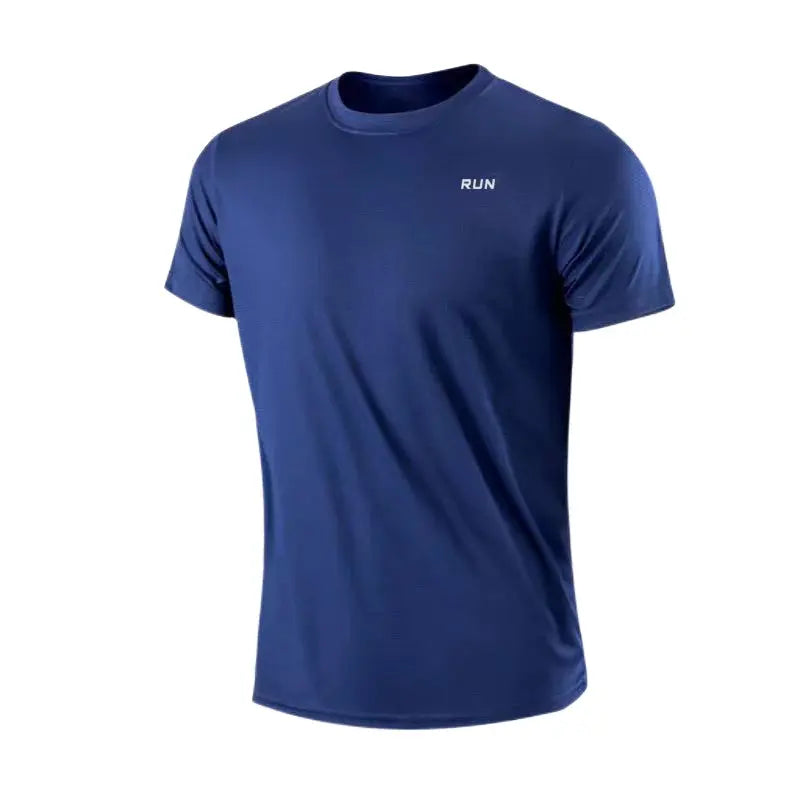 Men's blue quick-dry short-sleeve gym T-shirt with round neck, moisture-wicking fabric.