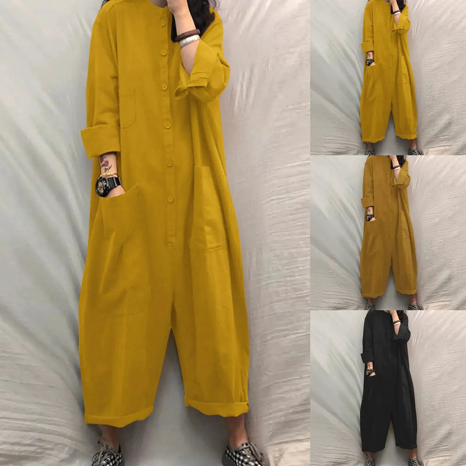 Jumpsuit for women by Simples Market; solid mustard yellow, loose fit, pockets, long sleeves, button front