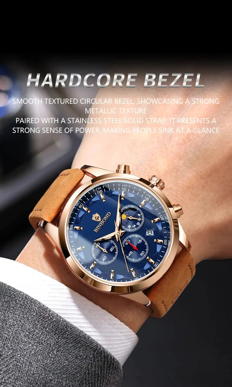 BINBOND men's luxury chronograph watch with blue dial, rose-gold case, brown leather strap, date window.