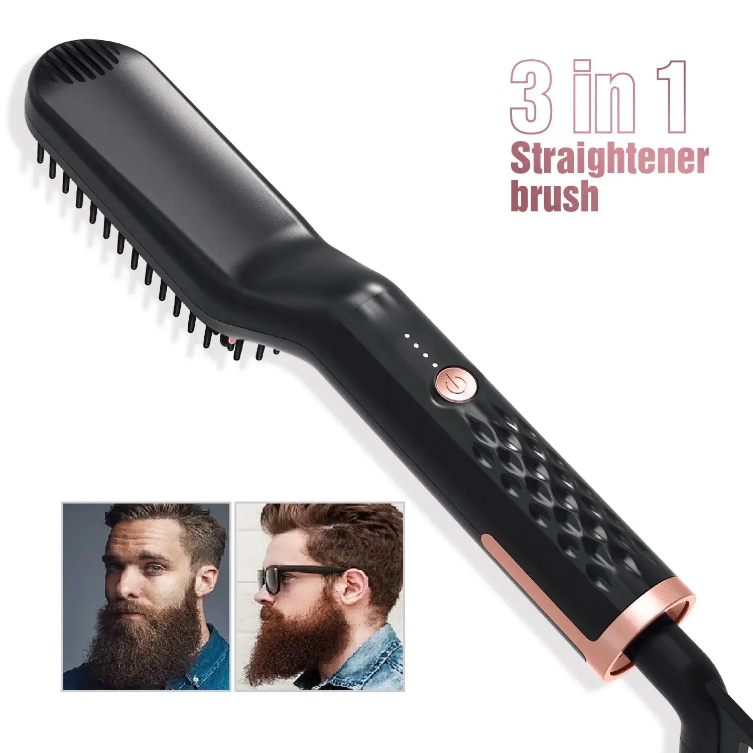 Beard straightener brush, black with rose-gold accents, 3-in-1.