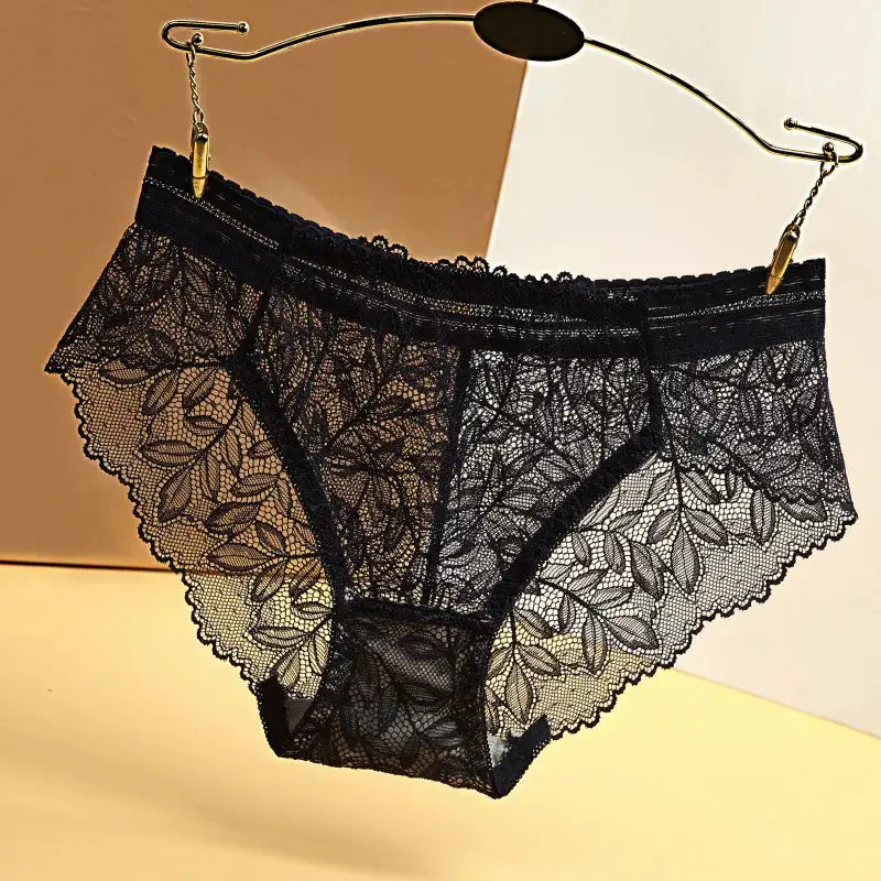 Women's black lace low-rise panties with floral geometric pattern by Simples Market