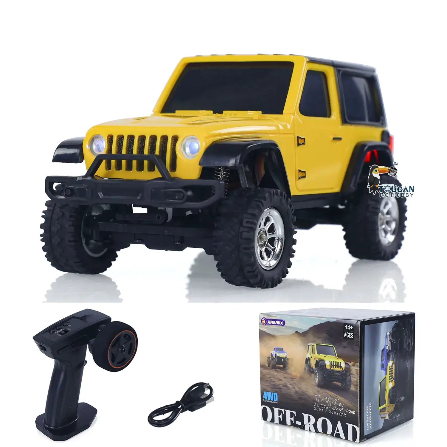 RC rock crawler 1/36 scale, yellow 4WD off-road car with remote control