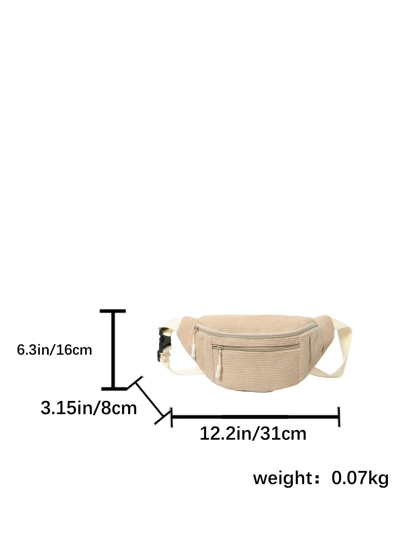 Corduroy beige women's waist bag with multiple zip pockets; Simples Market, 31cm W x 16cm H x 8cm D.