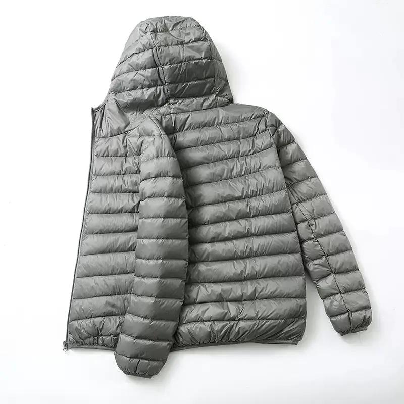 Men's ultralight grey puffer hooded down jacket, duck-down warmth, streetwear coat