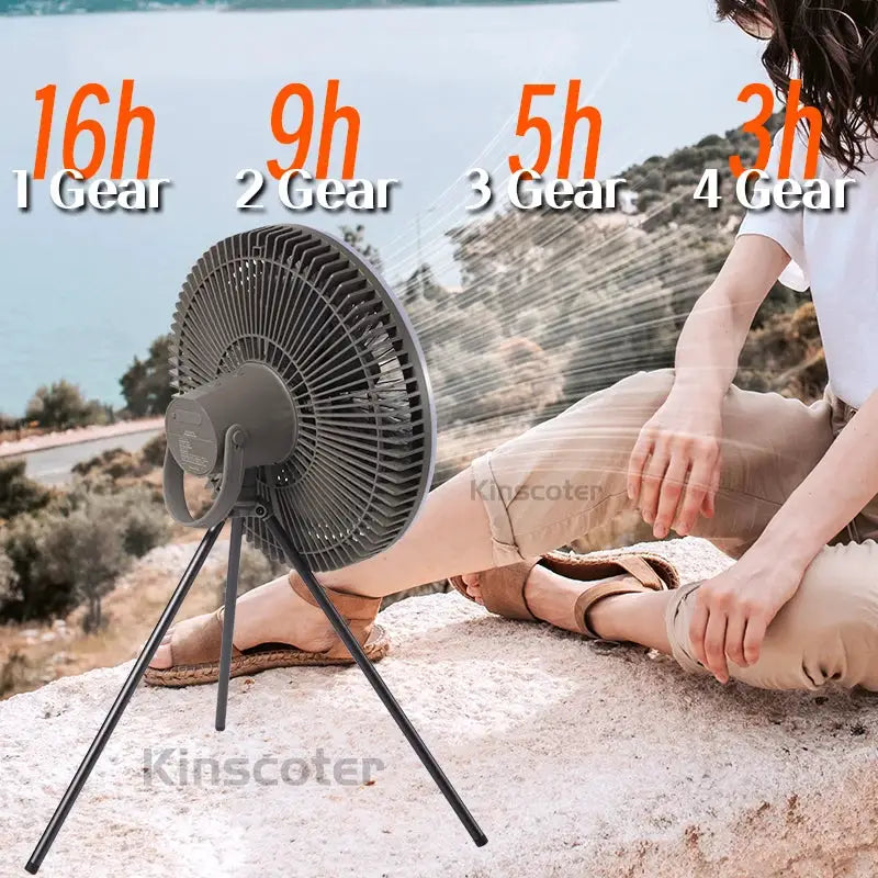 Kinscoter outdoor camping fan on a grey tripod stand, portable air circulator for outdoor use.