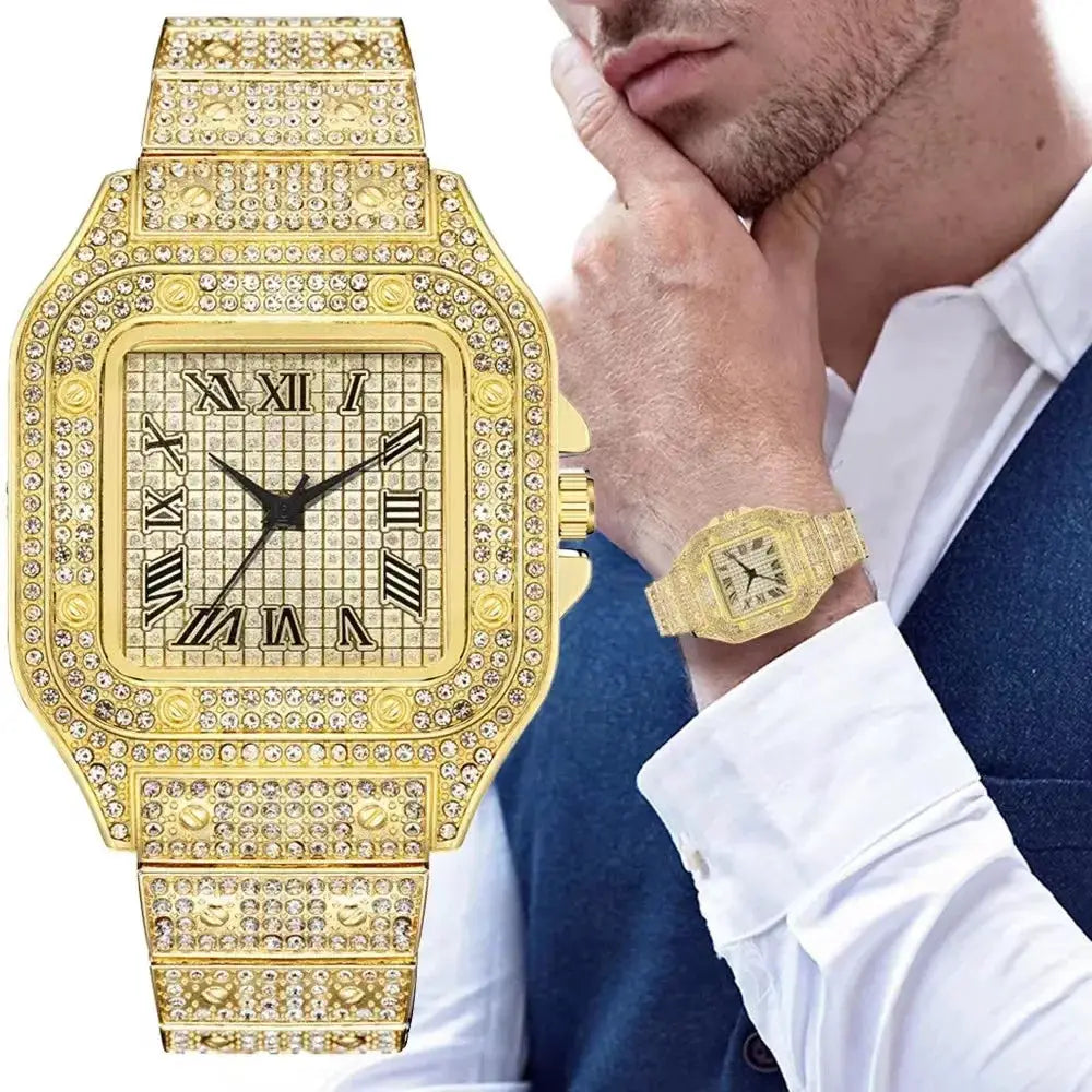Simples Market luxury diamond gold watch; unisex bracelet-style timepiece with rhinestones, two watches shown.
