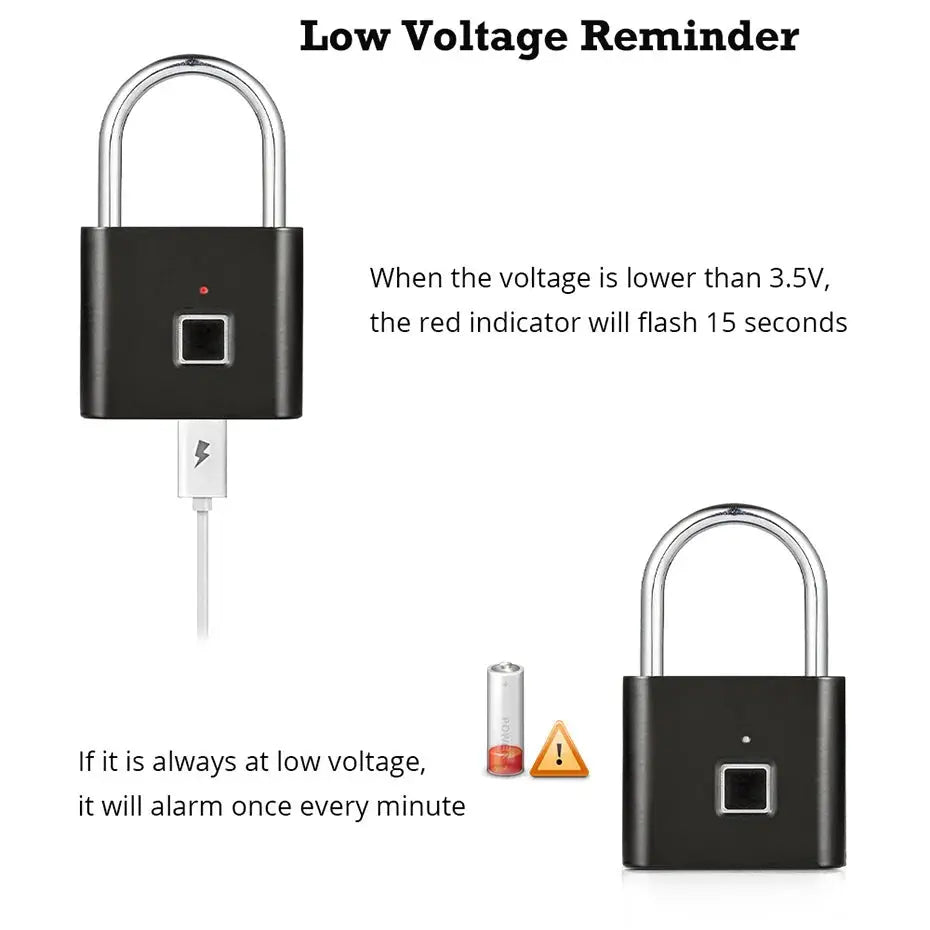 KERUI fingerprint USB charging smart padlock; black zinc body with USB charging port