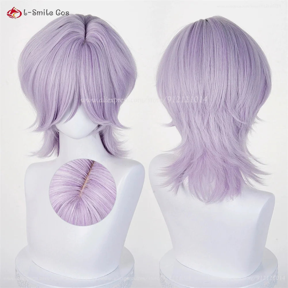Cosplay wig lavender lilac, heat‑resistant synthetic hair, anime style; l-Smile Cos logo.