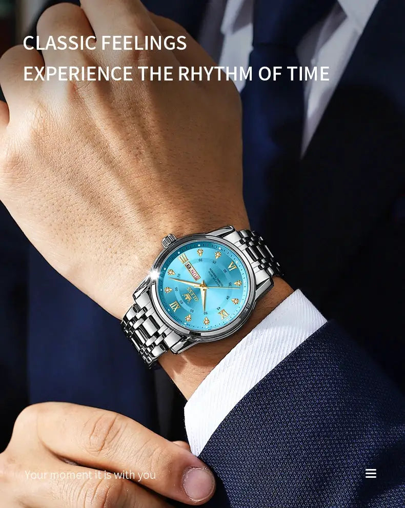 OLEVS 5513 men's stainless steel quartz watch with turquoise dial, dual calendar, diamond markers