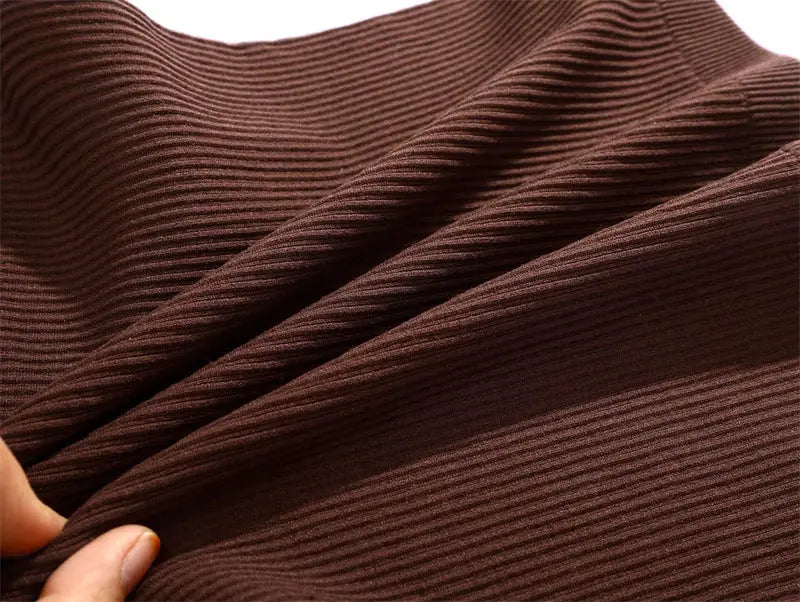Women's ribbed brown high-waist mini pencil skirt fabric close-up
