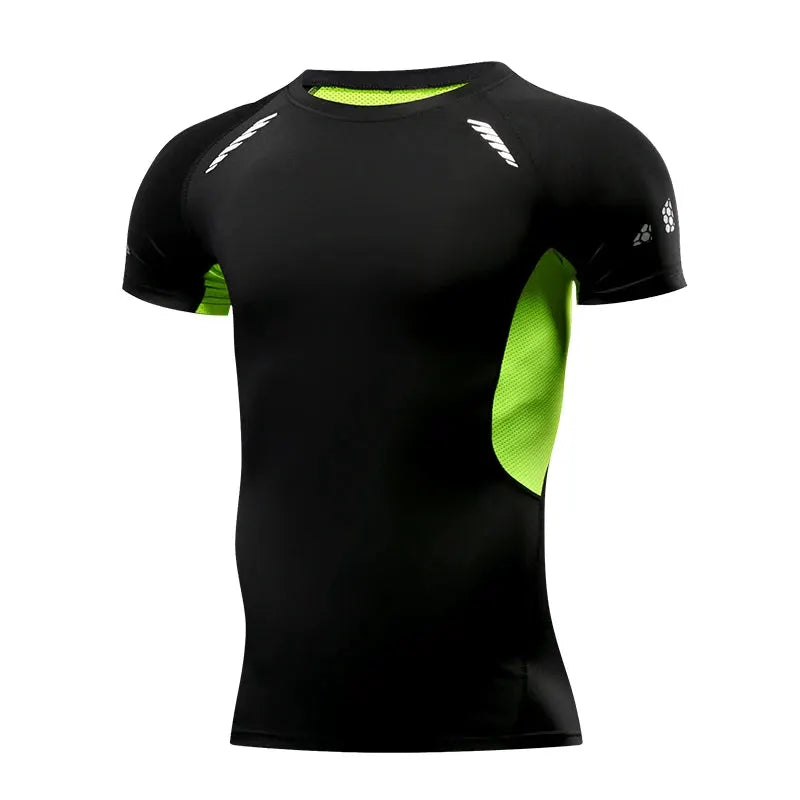 Men's running compression T-shirt black with neon green side panels, short sleeves