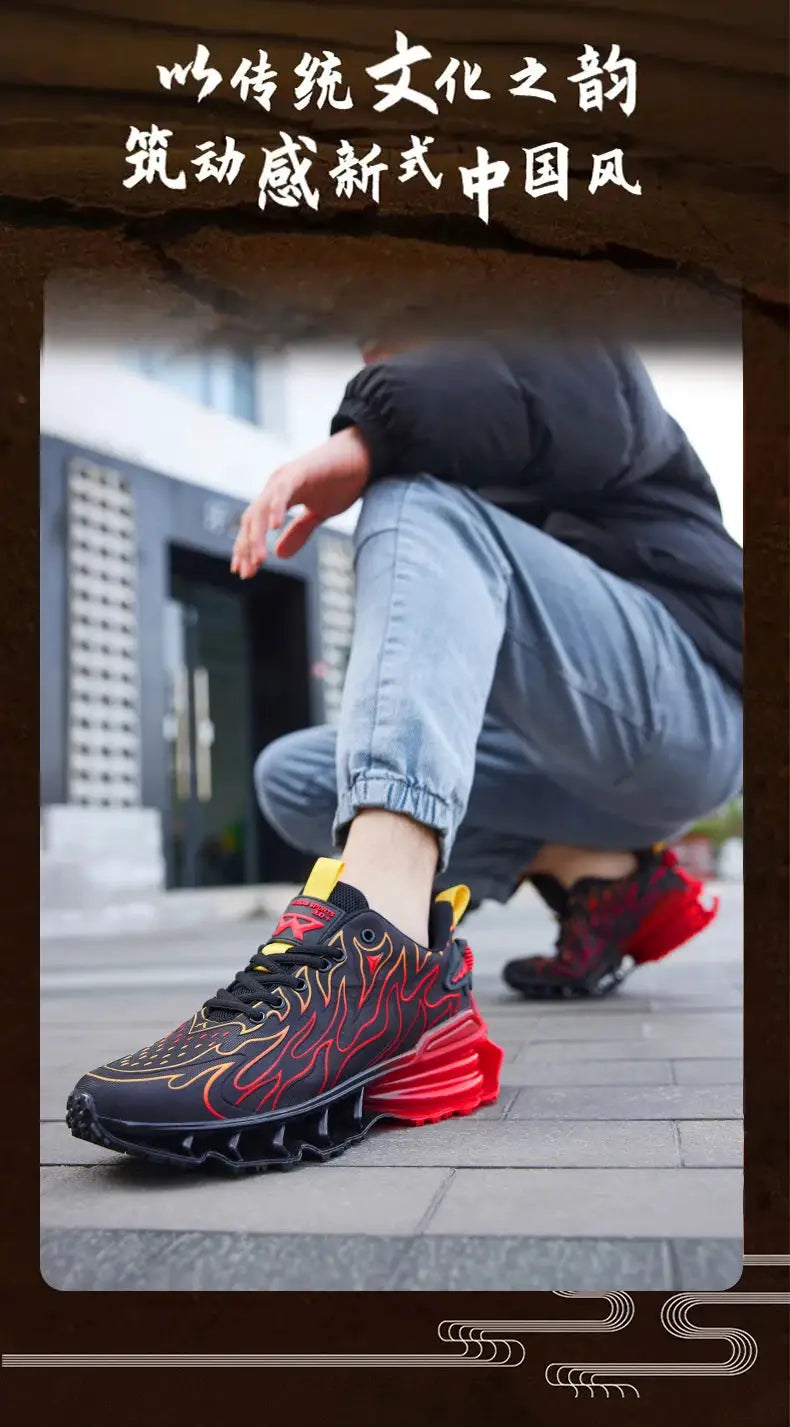 Simples Market men's running sneakers with black base and red flame pattern, yellow tongue tab.