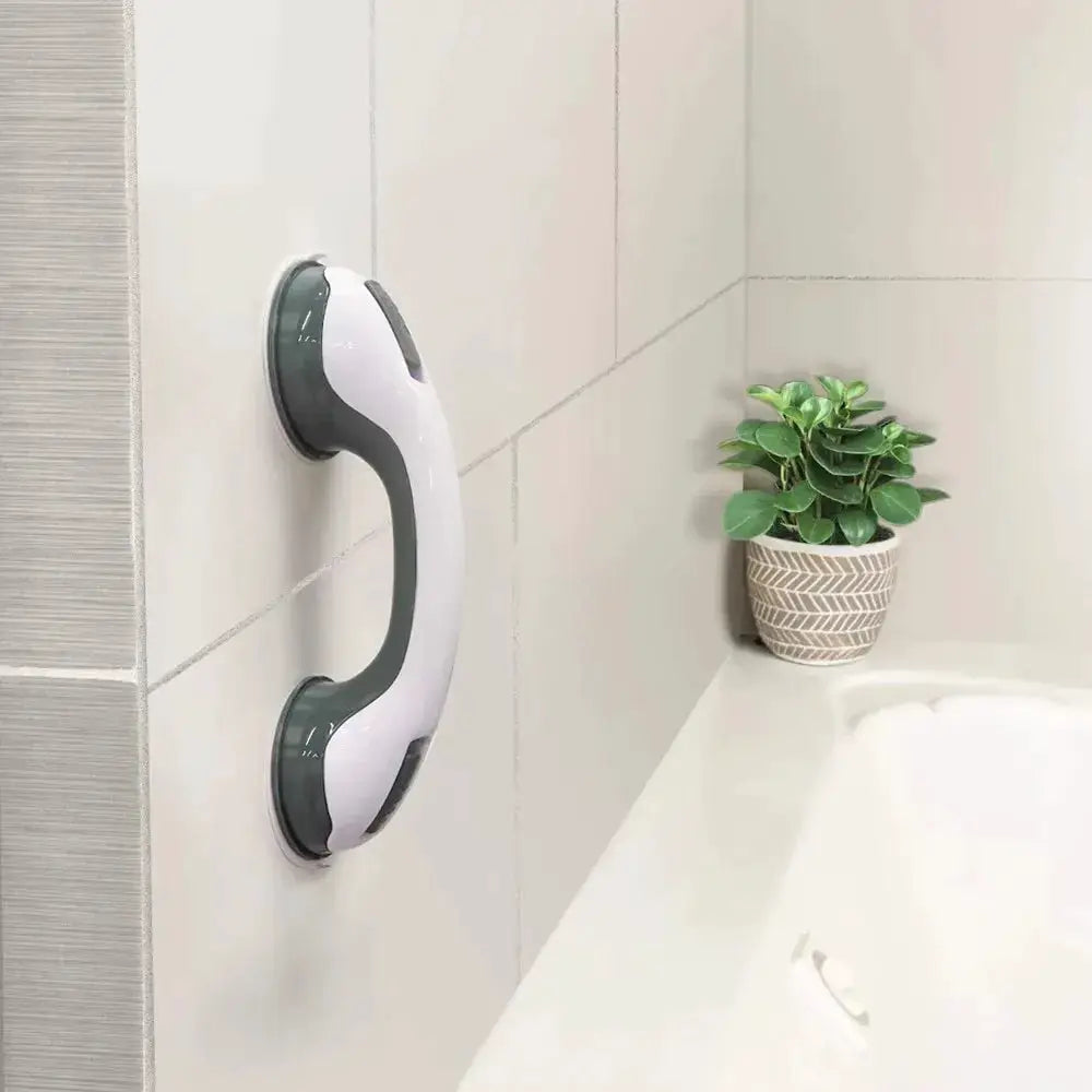 Shower grab bar by Simples Market, dual-locking with white handle and dark gray suction cups.