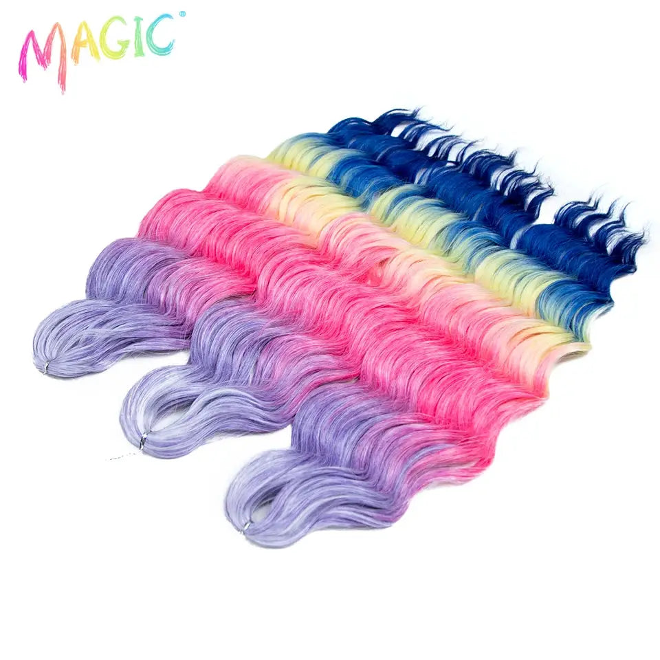 Anna Synthetic Hair 24in water wave braiding extensions, 5-pack in ombre rainbow hues from purple to blue, synthetic fibers