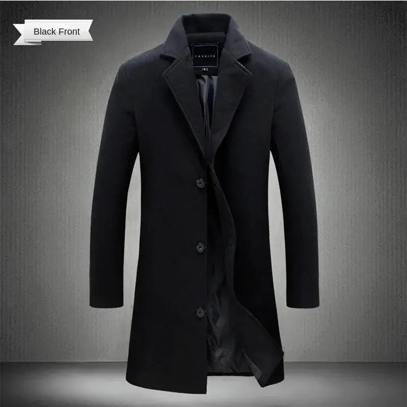 Men's black long coat, Simples Market cotton-wool blend with button front for business-casual style.
