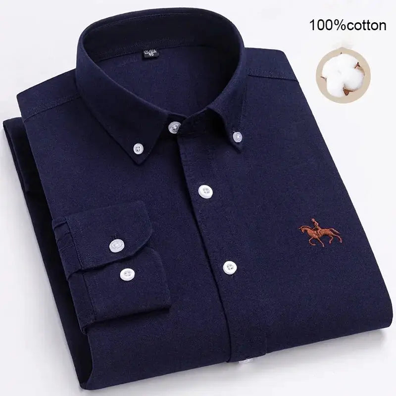 Simples Market men's large-size navy blue 100% cotton oxford shirt with button-down collar and brown horse embroidery