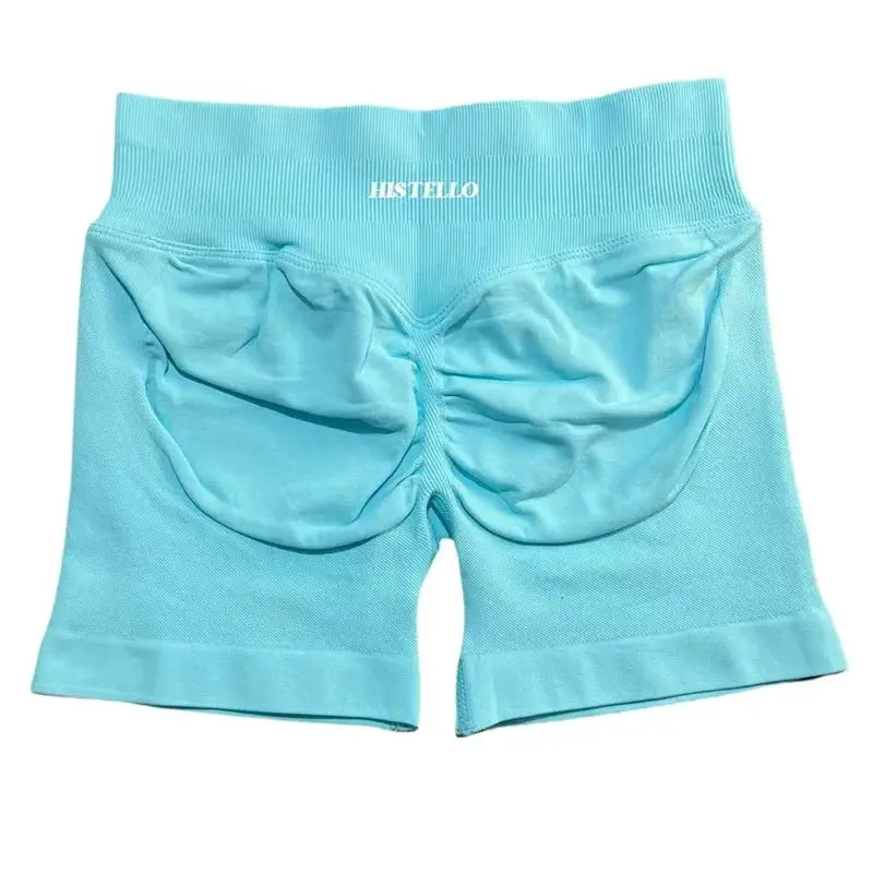 HISTELLO women's turquoise blue low-waist seamless sports shorts with scrunch back, breathable stretch fabric