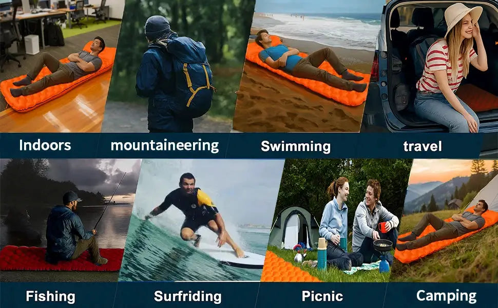 Inflatable sleeping pad by Simples Market; ultralight orange camping mat for hiking and travel