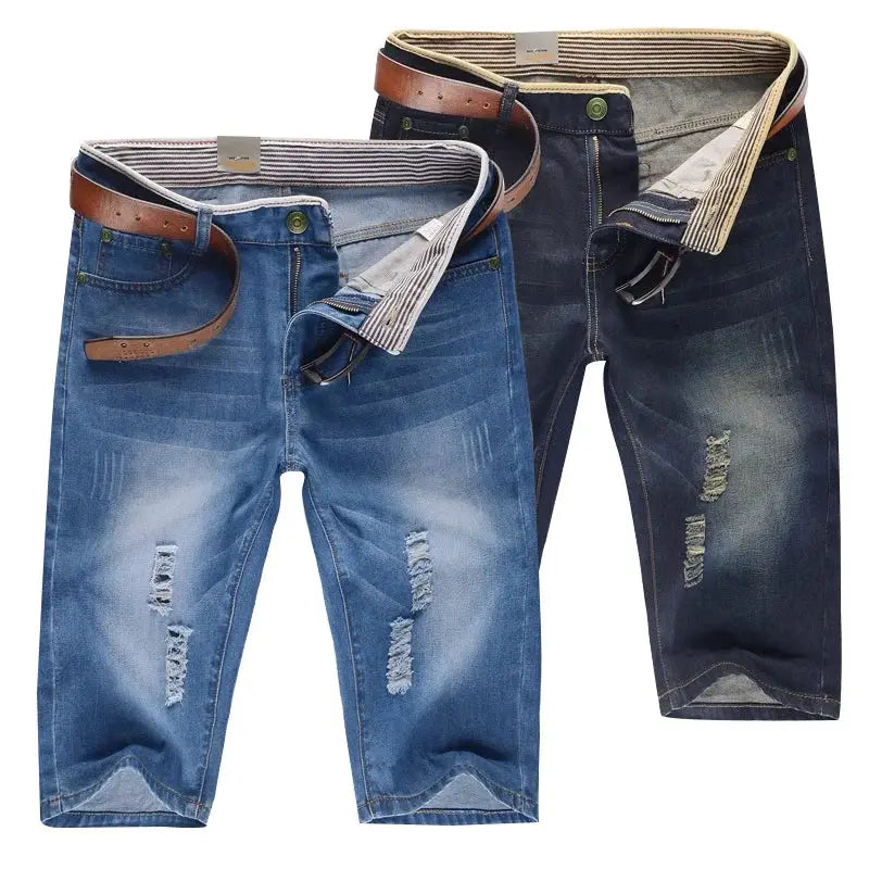 Simples Market men's denim pants, light blue and dark wash with distressed details, 2-pair set with brown belts