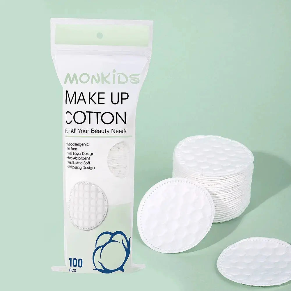 Makeup cotton pads by Monkids, 100pcs, soft white rounds with double-sided texture for facial cleansing