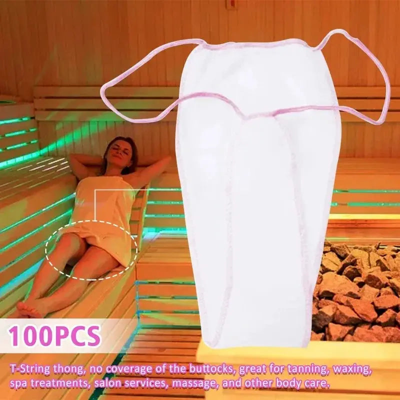 100pcs Simples Market disposable white non-woven spa underwear wraps, T-string thong, individually wrapped