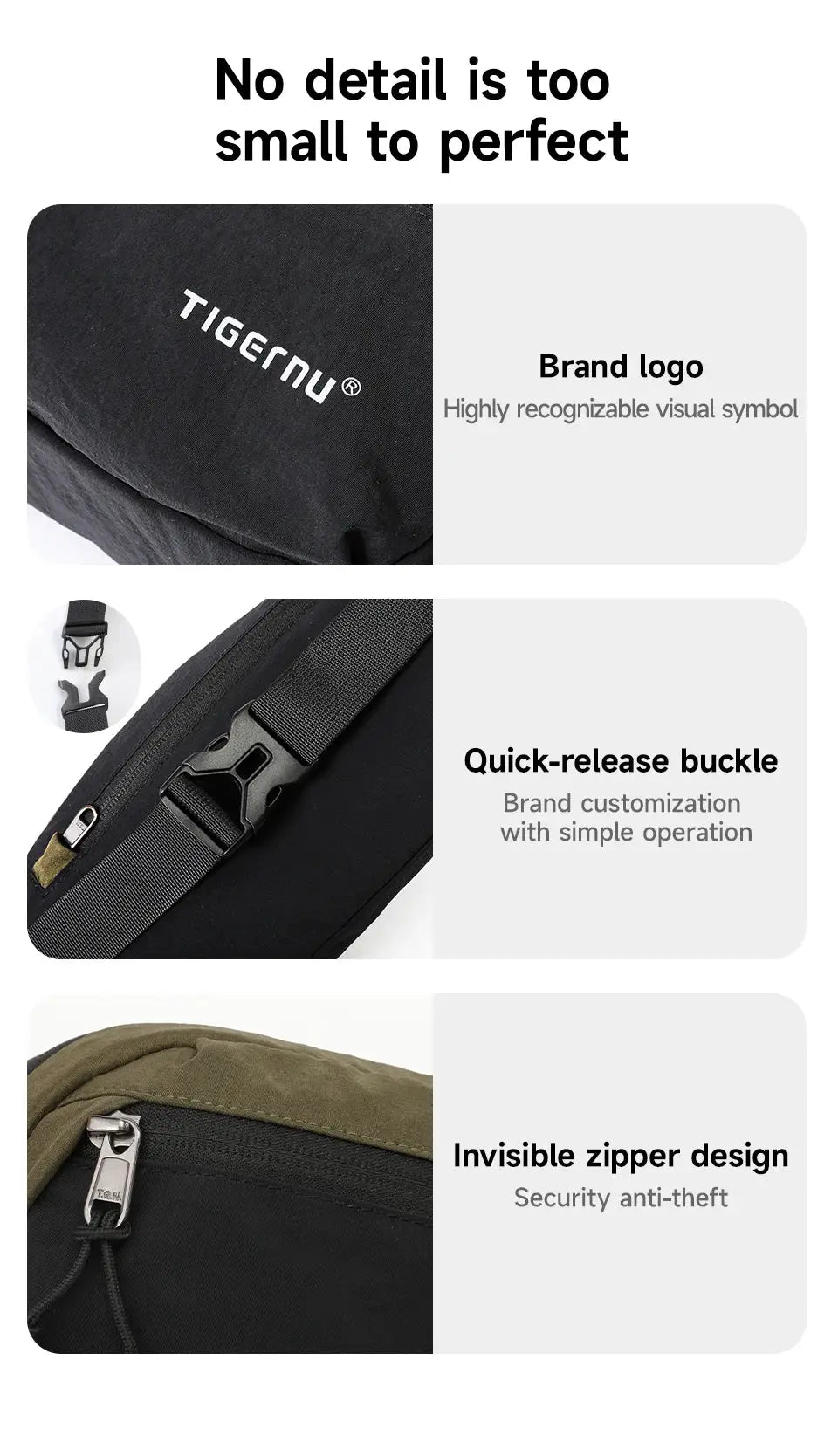 Black Tigernu waist pack with quick-release buckle and visible logo, featuring invisible zipper design
