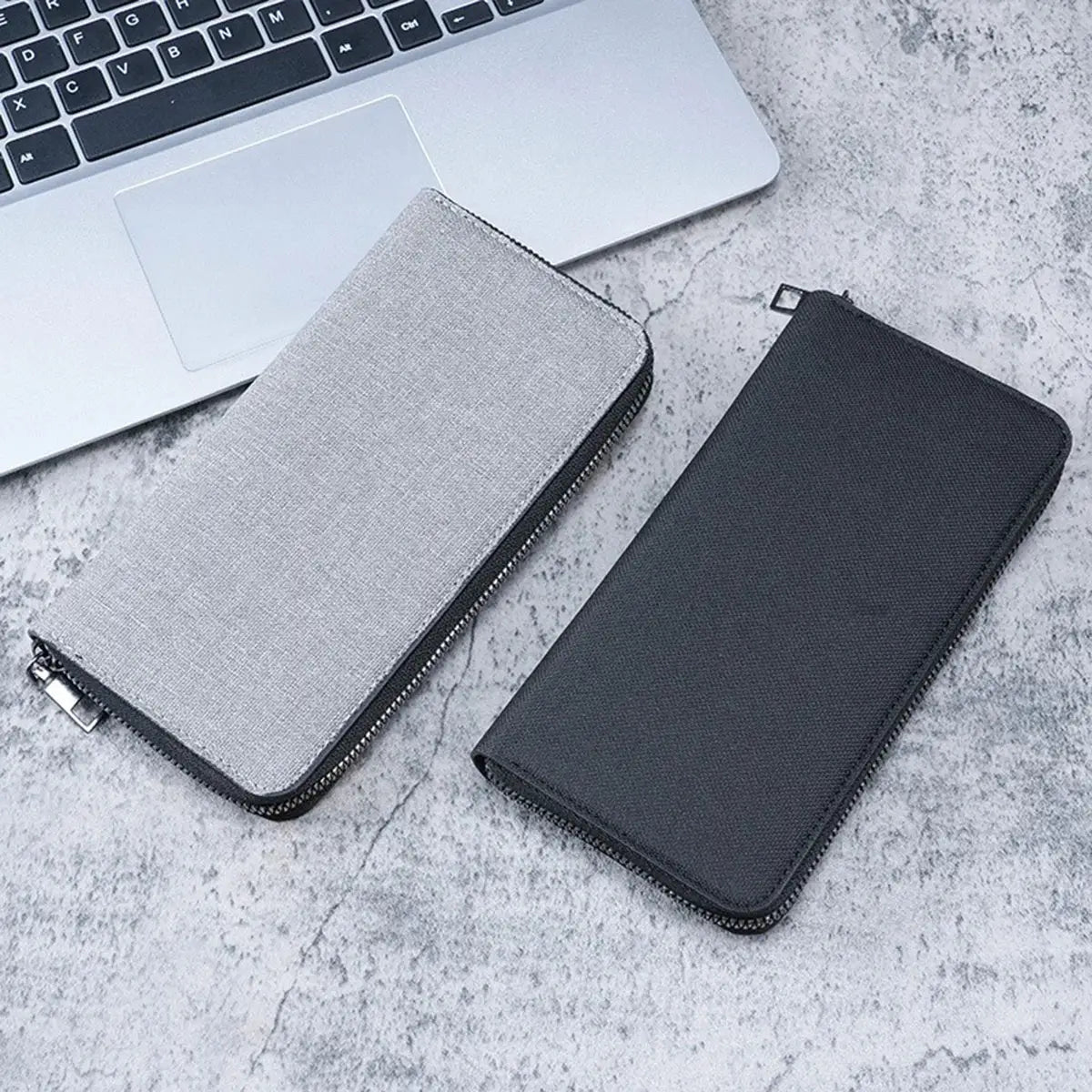 Men's long wallets set by Simples Market; gray canvas zip wallet and black zip wallet, large capacity, 2 pieces.