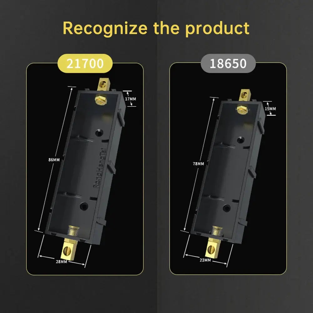 Battery holders for 21700 and 18650 cells, solder-free lithium storage boxes, black plastic with gold terminals, 2 units