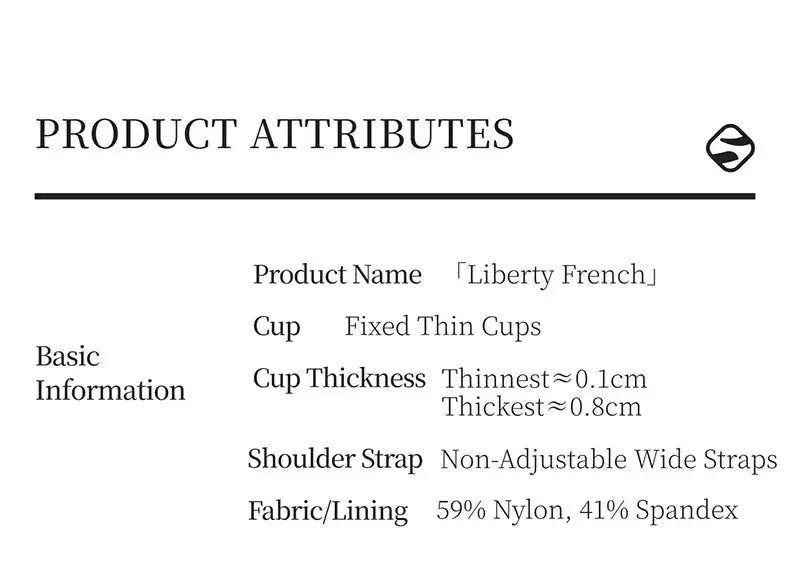 Liberty French bra with fixed thin cups, non-adjustable wide straps, 59% nylon, 41% spandex fabric.