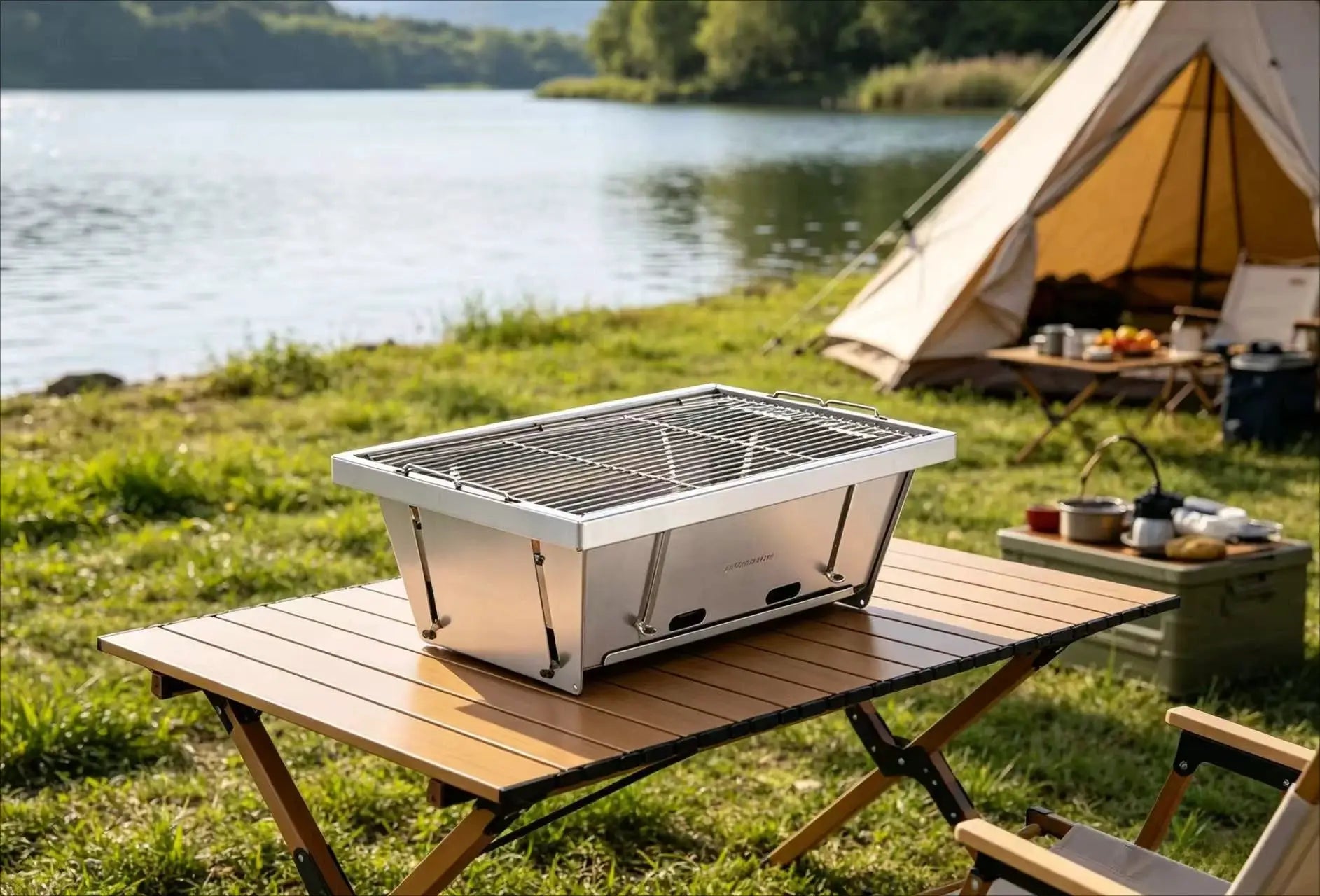 MountainHiker 304 stainless steel portable outdoor grill by Simples Market on folding table at lakeside campsite