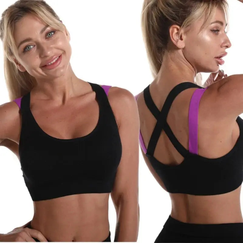 Color-blocked cross-back sports bra, black with purple straps, front and back view.