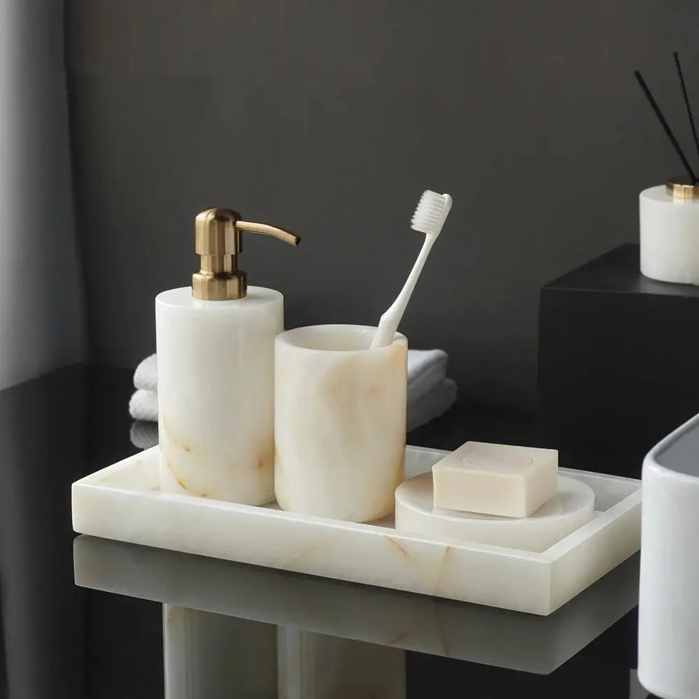 Simples Market 3-piece white onyx marble bathroom set with soap dispenser, toothbrush holder and soap dish on marble tray
