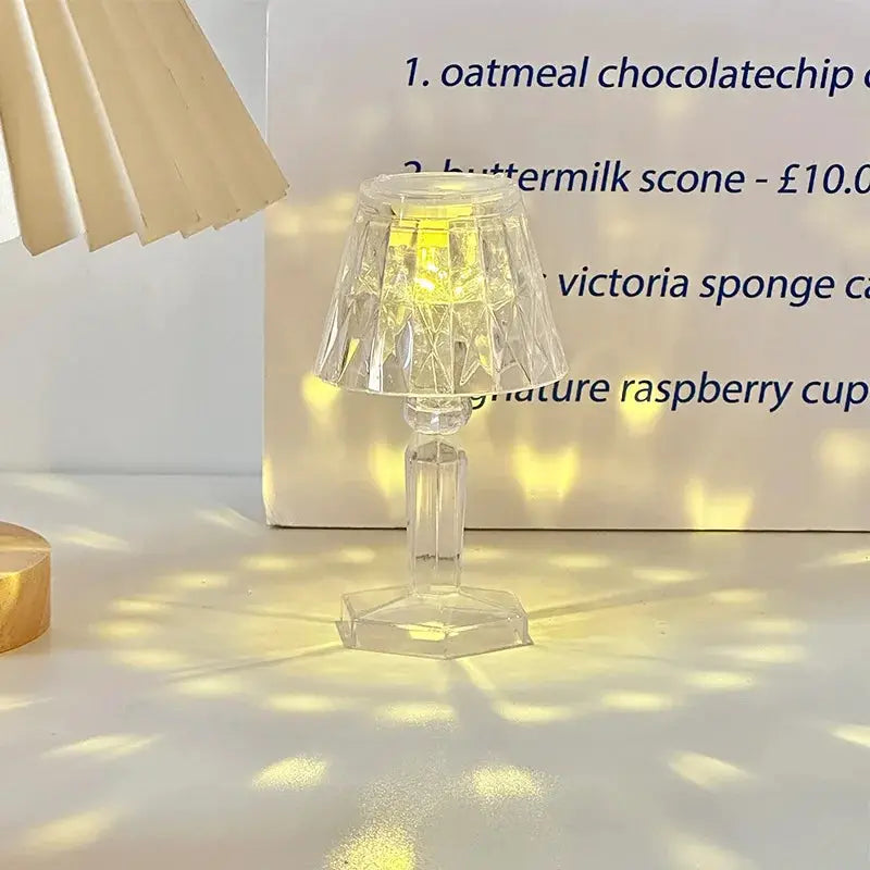 Mini crystal table lamp by Simples Market; color-changing, battery-powered LED night light with clear faceted shade