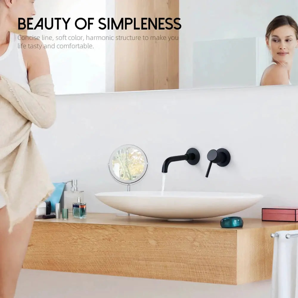 Bathroom basin faucet wall-mounted matte black with curved spout