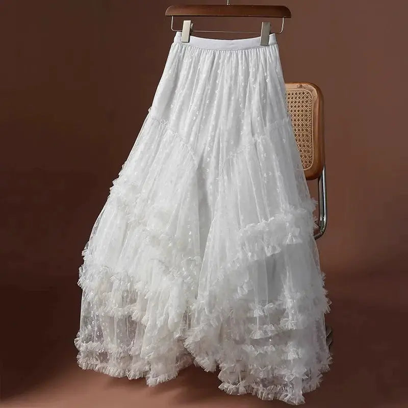 Long white mesh heart-printed tulle skirt with elastic high waist and layered ruffles, Simples Market