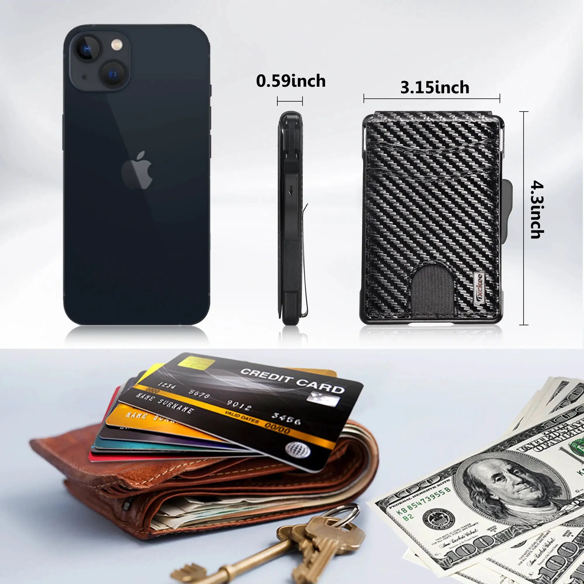 Men's minimalist wallet by Simples Market; carbon fiber, holds 9–13 cards, money clip, ID window, RFID blocking