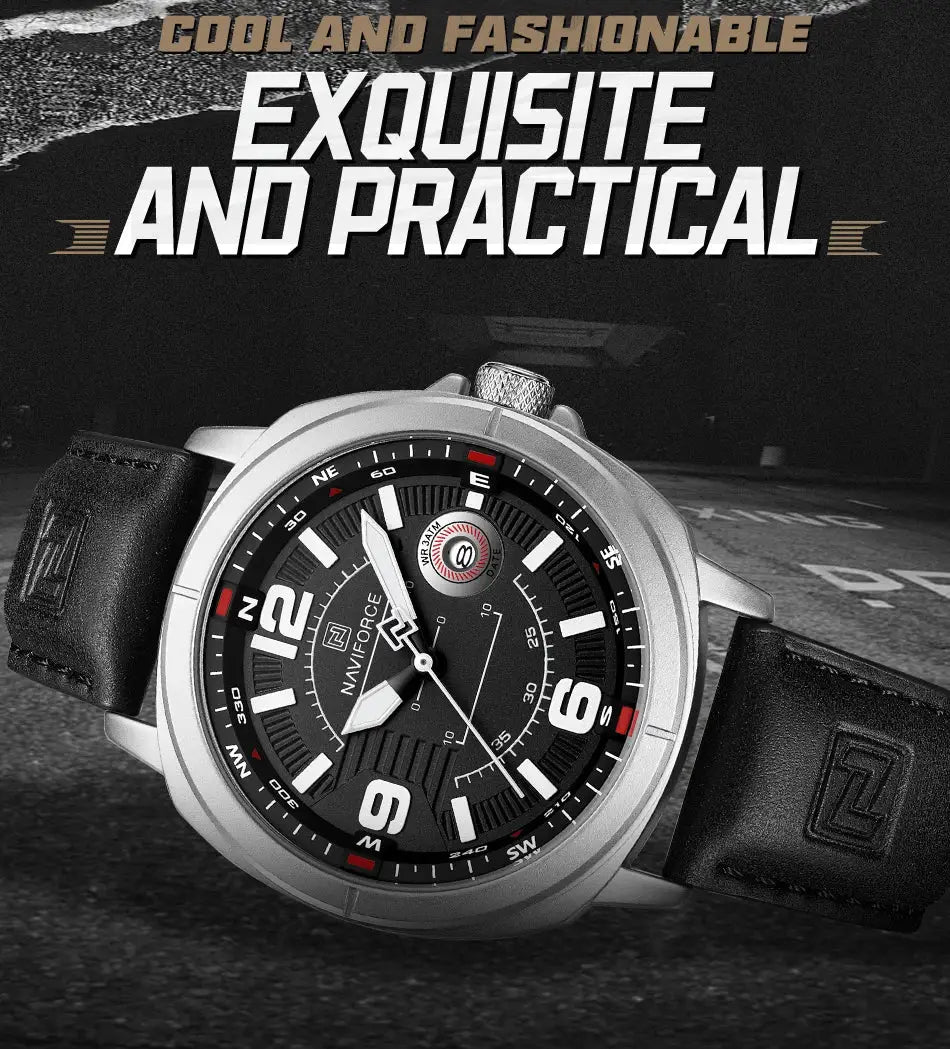 Naviforce men's quartz watch with black dial and PU strap