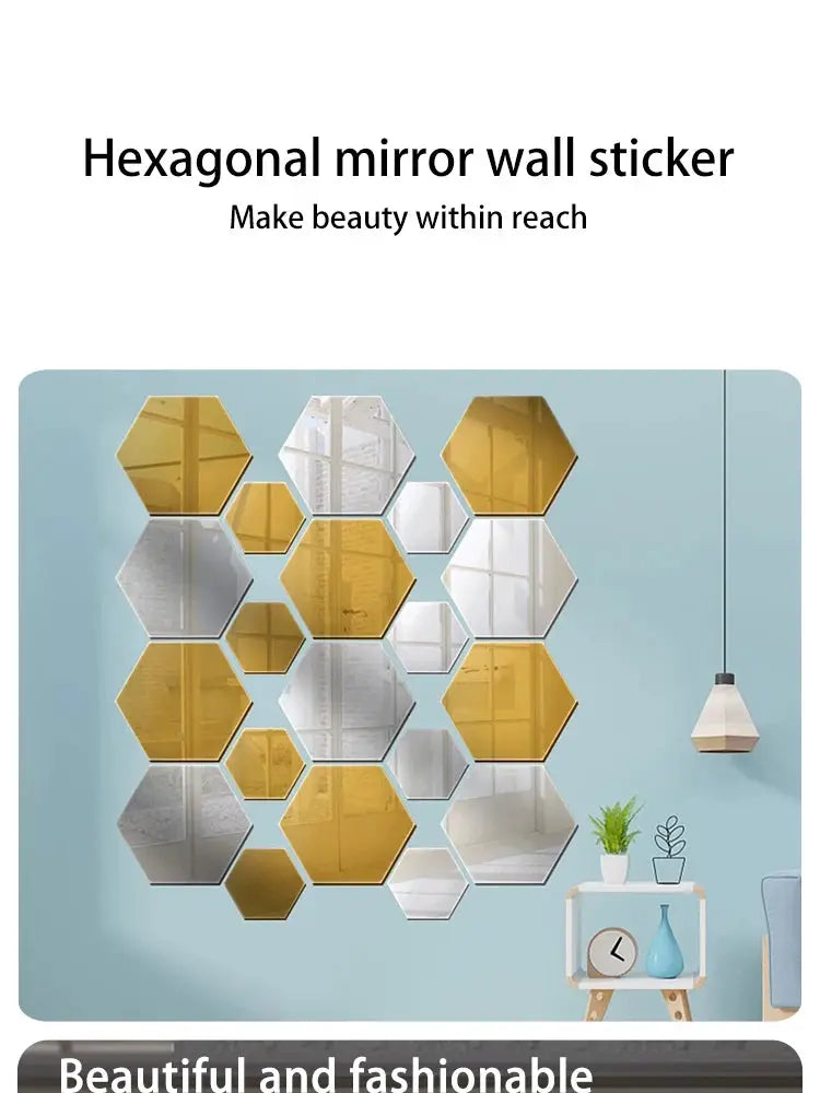 Hexagonal acrylic mirror wall stickers, 12pcs, gold and silver tiles forming a decorative crystal mosaic.