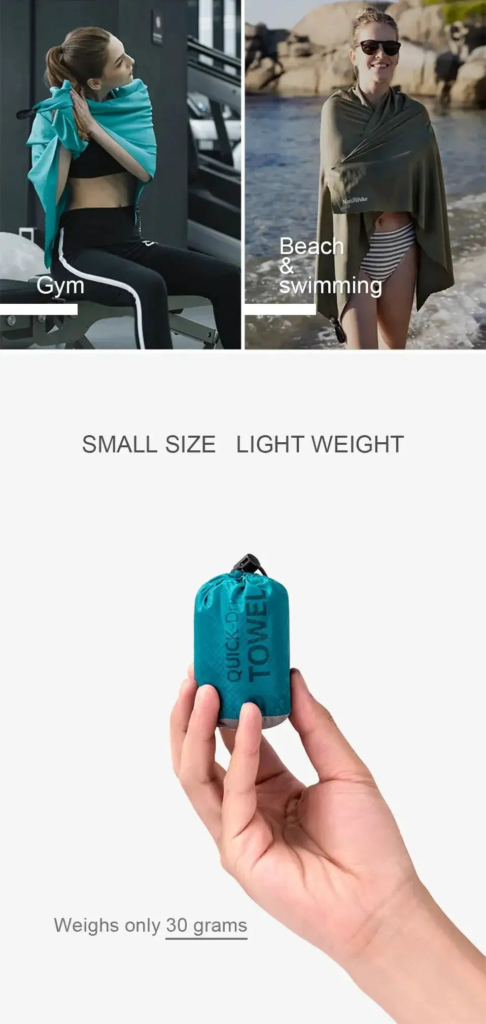 Naturehike quick-dry towel by Simples Market; blue microfiber, compact roll, gym and beach use; weighs 30 grams