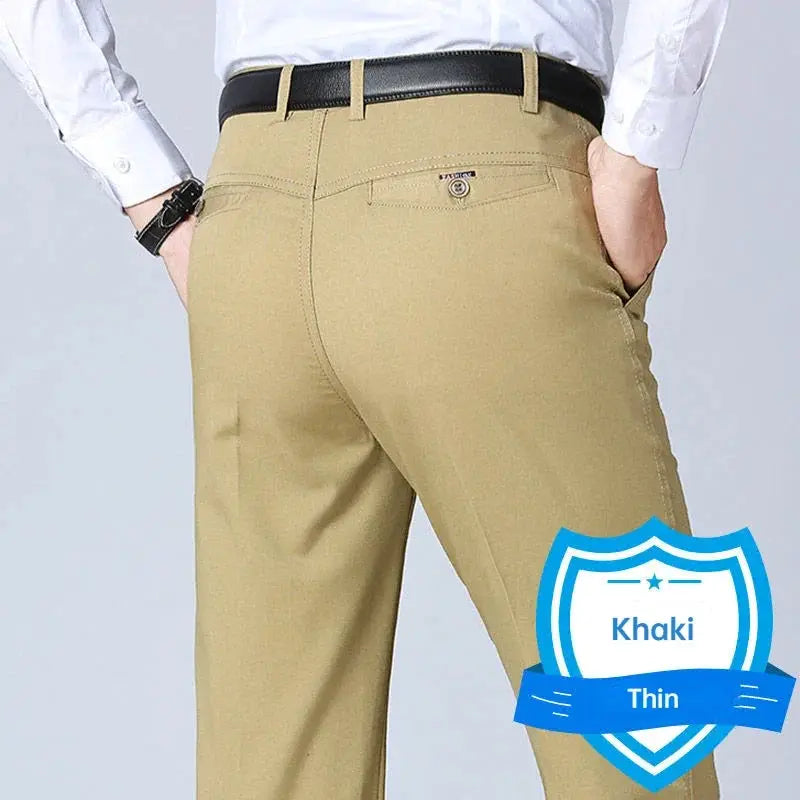 Men's khaki 100% cotton dress pants, straight loose-fit with back pocket button