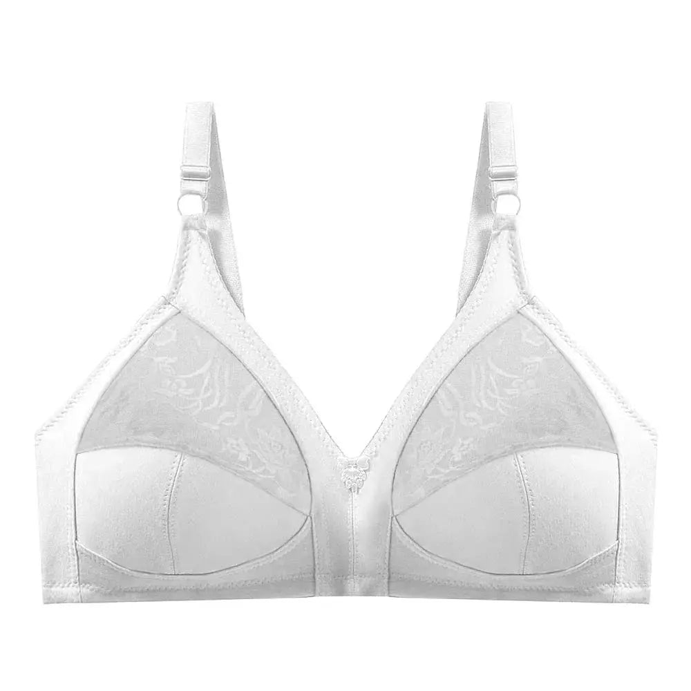 Large-size seamless bra in white with lace-panel full cups and adjustable straps