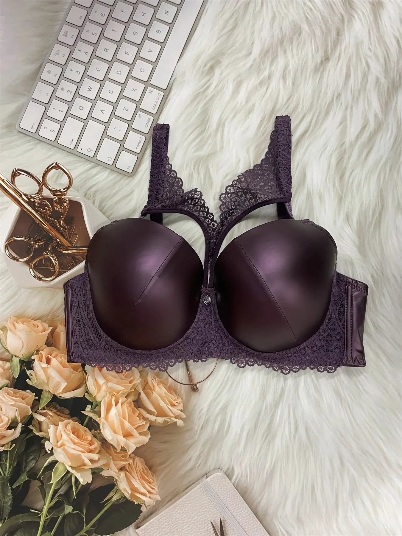 Simples Market purple PU leather underwire lace bra with molded cups
