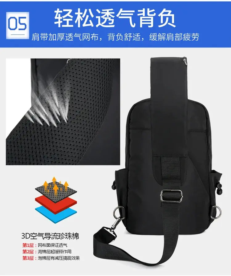 Men's chest bag crossbody from Simples Market, large black canvas Oxford cloth with adjustable strap.