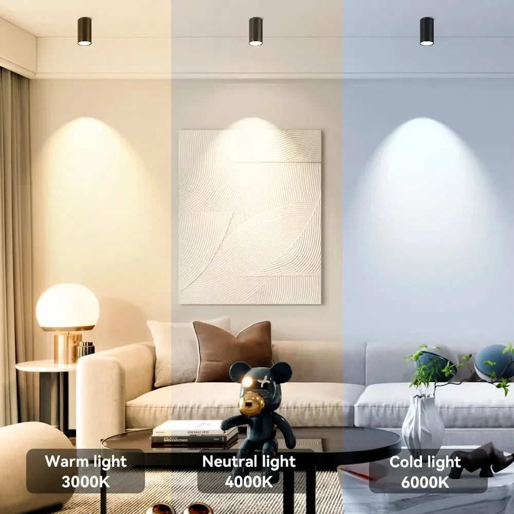 Three GU10 LED downlights set with replaceable bulbs, showing warm, neutral and cold tones (3000K–6000K) in living room.
