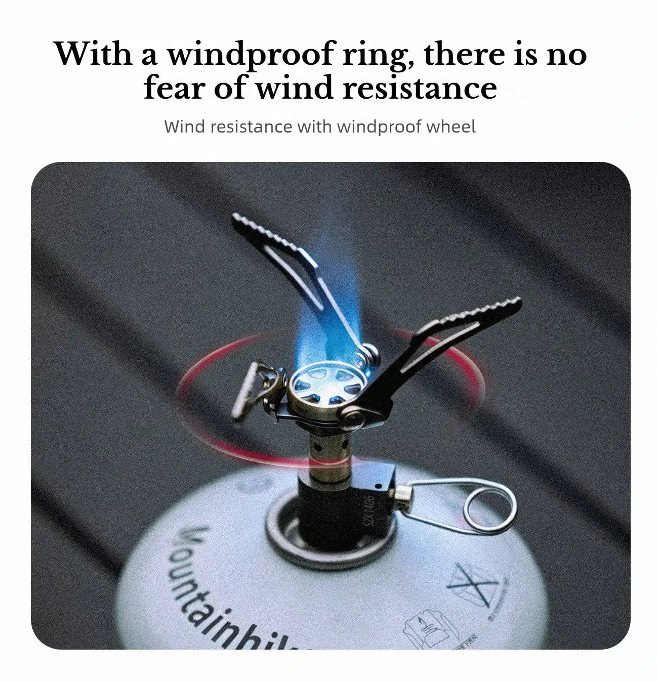 MK-3000W mini portable camping gas burner with foldable arms on a 48g canister; windproof design and blue flame.