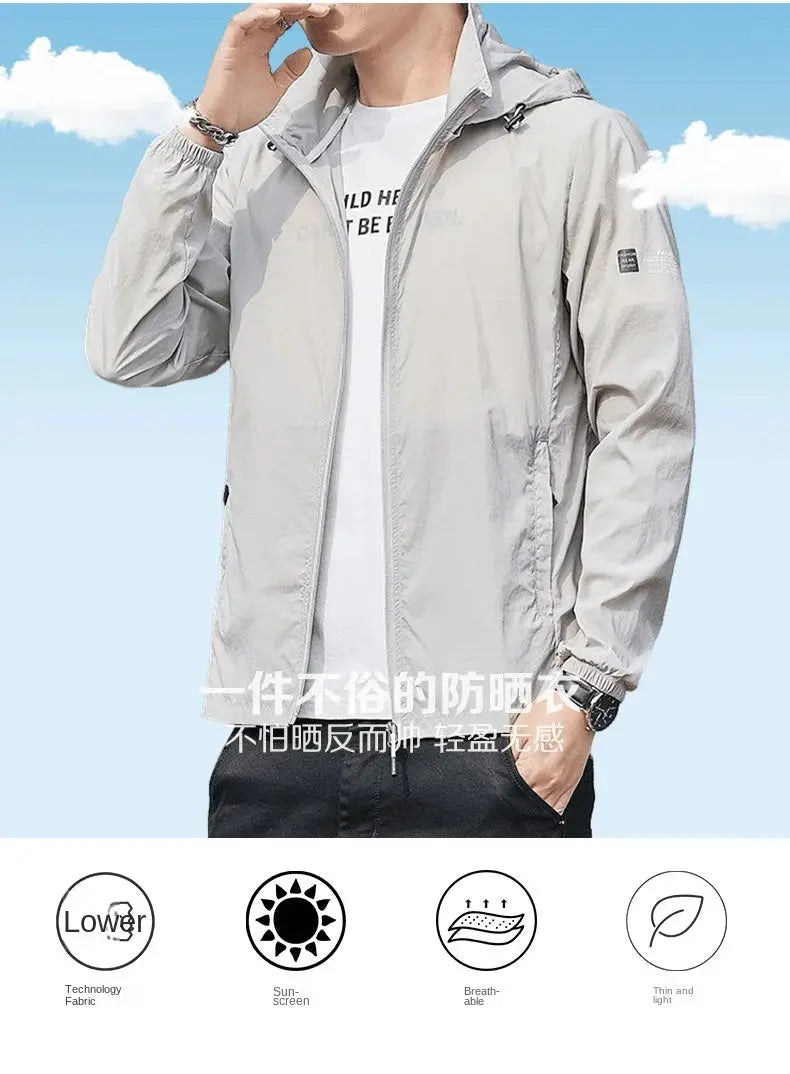 Hooded waterproof windbreaker jacket by Simples Market, light gray, unisex, quick-dry sun protection